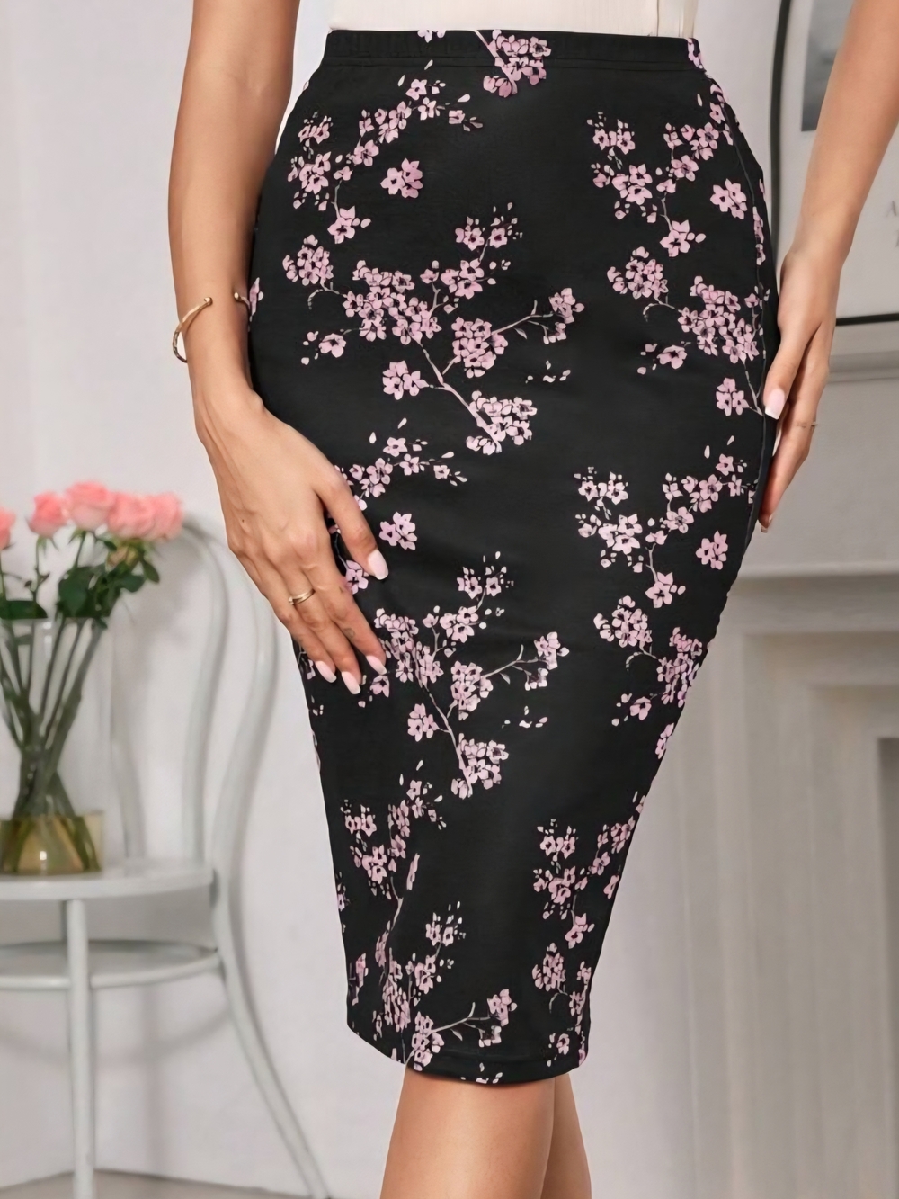 Black Pencil Skirt with Pink Floral Print
